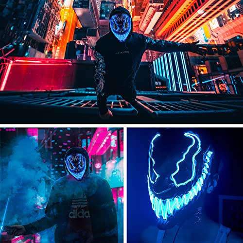 LED-Maske Devil blau | Premium-Qualität aus festem Kunststoff | Leuchtende Neon-Maske mit 3 Blinkmodi | Originelle Verkleidung für Halloween und Kostümparty | Original Cup®