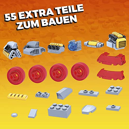 MEGA Construx GVM13 - Hot Wheels Rennwagen Spielzeug-Set, Bauset, 485 Teile, 4 Fahrzeuge, Rally Cat, Dawgzilla, Night Shifter und Mod Rod, 4 bewegliche Mikro-Actionfiguren, für Kinder ab 5 Jahren