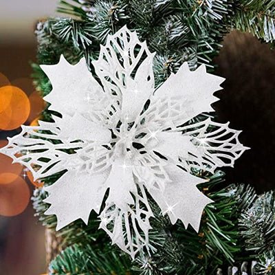 YSUVIN Weihnachtsblumen dekorieren, 20 Stück Weihnachten Blumen Weihnachtsstern Ornamente Poinsettia Glitzer Christbaumschmuck Geeignet für Weihnachten Hochzeitsfeier Neujahr, Weiß(15cm & 11cm)