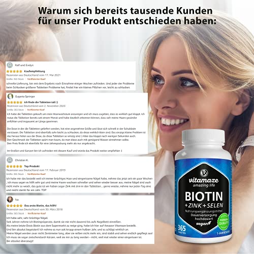 Biotin hochdosiert 10.000 mcg + Selen + Zink für Haarwuchs, Haut & Nägel - Der VERGLEICHSSIEGER* - 365 vegane Tabletten für 1 Jahr, Nahrungsergänzung ohne Zusatzstoffe, Made in Germany