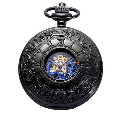 ManChDa® Klassiker Taschenuhr Retro-Zifferblatt mit römischen Ziffern Steampunk Skelett Mechanisch Zarte Bewegung für Männer Frauen mit Kette (Schwarz) + Geschenk-Box