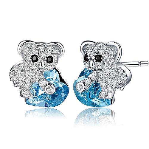 MEGA CREATIVE JEWELRY Damen Ohrringe Blau Herz Koala Bär Ohrstecker aus 925 Sterling Silber mit Kristalle Schmuck Geschenke für Frauen Mädchen