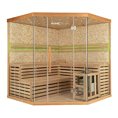 Home Deluxe - Traditionelle Sauna - Skyline XL Big Kunststeinwand - Maße: 200 x 200 x 210 cm, für 2-6 Personen, Hemlocktanne, inkl. Saunazubehör I Dampfsauna Aufgusssauna Finnische Sauna