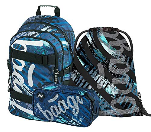 Baagl Schulrucksack Set Jungen 3 Teilig, Schultasche ab 3. Klasse, Grundschule Ranzen mit Brustgurt, Ergonomischer Schulranzen (Skate Strukturen)