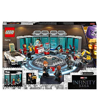 LEGO 76216 Marvel Iron Mans Werkstatt mit Anzügen, Spielzeug zum Bauen, Avengers-Set mit Minifiguren, Geschenk für Kinder ab 7 Jahren