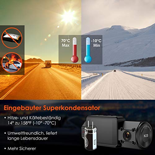 VANTRUE N2S 4K Dashcam Auto Dual 1440P Dash Cam Vorne Hinten, GPS 24Std. Dual Parküberwachung, Dasch-Cam Infrarot Nachtsicht, 2160P Vorne, 2 Zoll 320°Superkondensator Autokamera G Sensor Max. 512GB