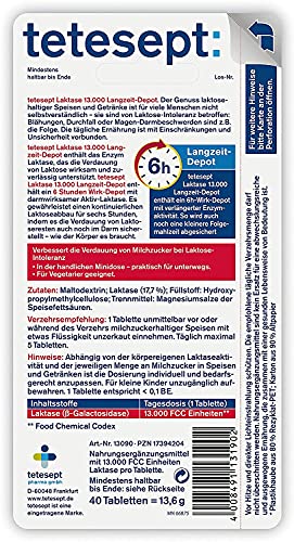 tetesept Laktase 13.000 – Laktasetabletten bei Laktoseunverträglichkeit – Nahrungsergänzungsmittel mit Sofortwirkung & 6h Langzeit-Depot – 1 Dose à 40 Stück