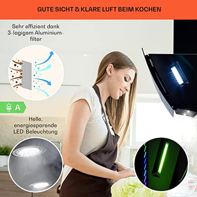 Klarstein Dunstabzugshaube Umluft/Abluft, Leise Abzugshaube, Edelstahl Wandhaube, Dunstabzugshaube mit Filter, Dunstabzugshaube 60cm, Umlufthaube mit LED-Licht, Dunstabzug Kopffrei 509 m³/h Luftstrom