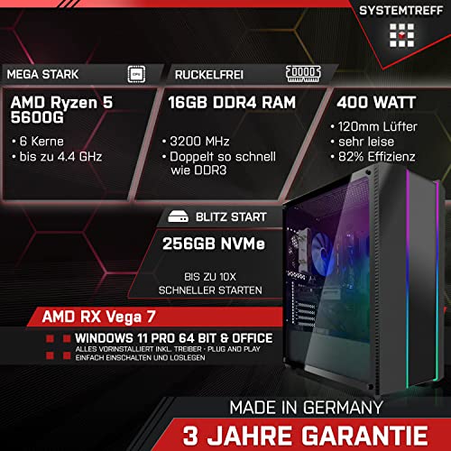 SYSTEMTREFF® Gaming PC AMD Ryzen 5 5600G 6x4.4GHz | AMD RX Vega 7 4K HDMI DX12 | 256GB M.2 NVMe | 16GB DDR4 RAM | Windows 11 | WLAN Desktop Computer Rechner für Gamer, Zocker