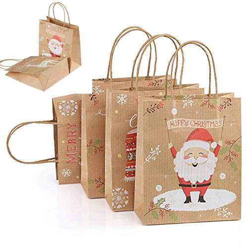 GWHOLE 12 Stück Papiertüten Weihnachten Geschenktüten mit Henkel Braun Kraftpapier für Geschenke Mitgebsel Süßigkeiten Party