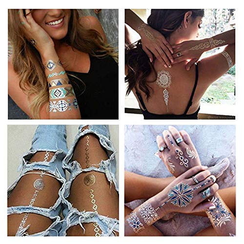 Flash Tattoos, Temporäre Klebe-Tattoos 16 Blätter Metallic Flash tattoos in Gold, Silber & Schwarz Temporäre Tätowierung Wasserdichte, Das perfekte Festival & Party Accessoire.