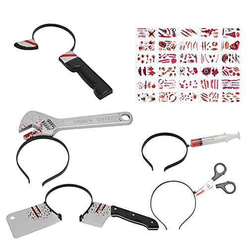 KATOOM Blutige Schere Messer im Kopf 35TLG Halloween Grusel Accessoires Set Spritze Horror Haarreif mit 30pcs Halloween Zombie Scars Tattoo Küchenmesser Schlüssel für Gruselkostüm Zombie