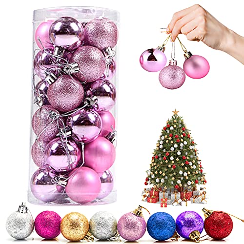 Weihnachtskugeln Baumschmuck, Glas Christbaumkugeln 24 Stück Dekokugeln Weihnachten, Matt Glänzend Glitzernd Dekokugeln für Party, Weihnachten Hochzeitsfest, Weihnachtsschmuck (Rosa)