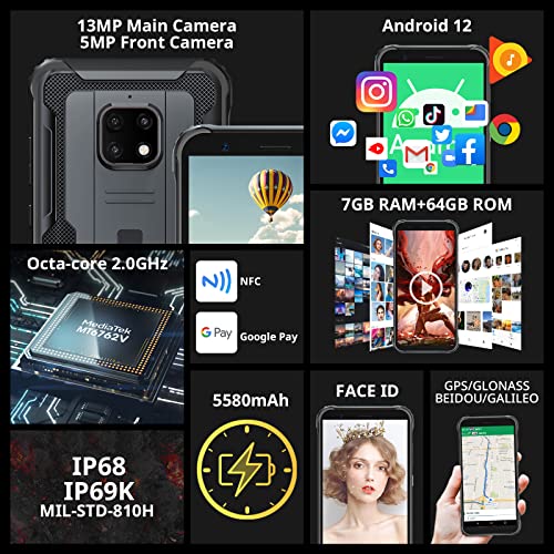 Blackview BV4900 Pro (2022) Android 12 Outdoor Smartphone, 7GB+64GB/256GB Outdoor Handy Ohne Vertrag Günstig - 5580mAh/13MP+5MP/Dual SIM 4G/5.7" HD/Wasserdicht, NFC/Face ID/OTG/GPS - Schwarz