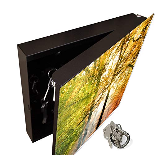 banjado® Großer Schlüsselkasten aus Glas - Schlüsselbox 30cm x 30cm mit 50 Haken - Motiv Herbstwald - Schlüsselschrank für Schlüsselaufbewahrung mit beschreibbarer Glastür als Magnettafel nutzbar