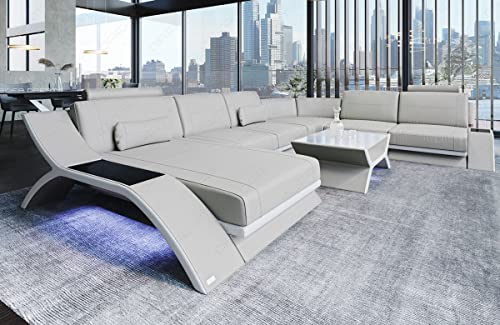 Ledersofa Calabria XXL Sofa Wohnlandschaft in Leder mit Kopfstützen USB Beleuchtung integrierter Steckdosen U Form Designersofa Couch (Ottomane Links, Beige-Weiß)