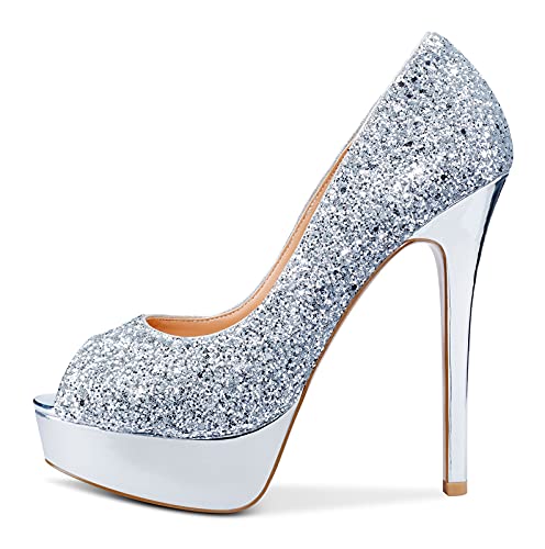 NobleOnly Damen Plattform Peep-Toes Pumps 13CM Stilettos High Heels Silber Glitter Schuhe EU39