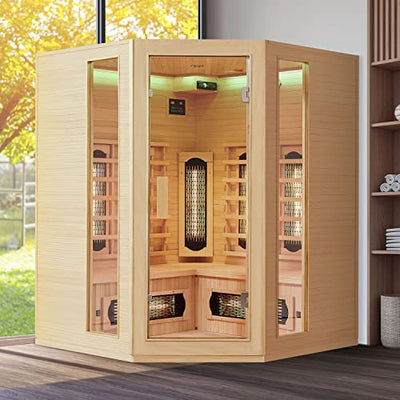 Artsauna Eck-Infrarotkabine Nyborg E150V - Infrarotsauna 150x150 cm Vollspektrumstrahler für 4 Personen - LED-Farblicht - Wärmekabine aus Hemlockholz