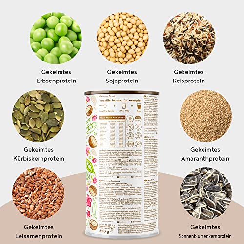 Vegan Protein - KOKOS - Pflanzliches Proteinpulver aus gesprossten Reis, Erbsen, Sojabohnen, Leinsamen, Amaranth, Sonnenblumen- und Kürbiskernen - 600 Gramm Pulver