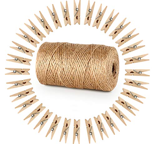 ABSOFINE Garten Kordel mit 100 Wäscheklammern Holz 3,5cm Bastelschnur Jute Kordel 100M Natur Juteschnur Clothespins Verpackung Gastgeschenk