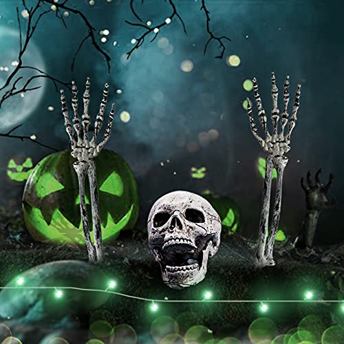 Halloween-Dekorations-Set, 4 PCS gefälschter Skelettkopf + Hände + grüne Lichterketten, realistische Skelett-bewegliche Dekoration, gruselige gefälschte Kopf Handknochen für Outdoor Halloween Party