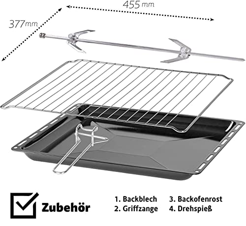 ICQN 60 Liter XXL Minibackofen, 1800 W, Umluft, Pizza-Ofen, Doppelverglasung, Drehspieß, Timer, inkl. Backblech Set, Elektrischer Mini Ofen, 40°-230°C, Emailliert, Inox Grau