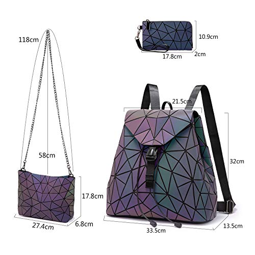 LOVEVOOK Geometrischer Rucksack Set Damen, Holographic Reflektierende Damenrucksack Leuchtend Tasche Daypack, 3pcs Backpack Umhängetasche Geldbörse, für Schule Uni Reise Party