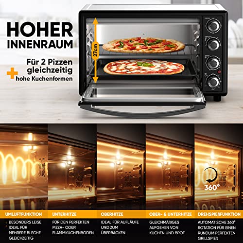 Stillstern Minibackofen mit Umluft (35L) Deutsche Version, Auftauen, Ofenhandschuhe, Rezeptheft, Drehspieß, Timer, Innenbeleuchtung, 1600W, Toaster Grill Pizzaofen Mini Backofen ideal für Camping