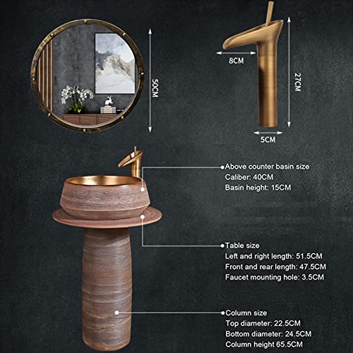 YRRA Waschtisch Stehend Badmöbel Keramik Mode Carving Rund Waschbecken Washbasin with Combination Tap and Drain für drinnen und draußen,Blau,with Mirror