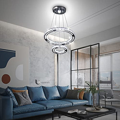 CLAIRDAI Kristall LED Moderne Kronleuchter 2 Ringe Pendelleuchte Einstellbare Höhe Leuchte Mit K9 Crystal&Acryl Für Schlafzimmer Wohnzimmer Esszimmer Küche Flur (20+40cm Kaltweiß), 2040-Cool