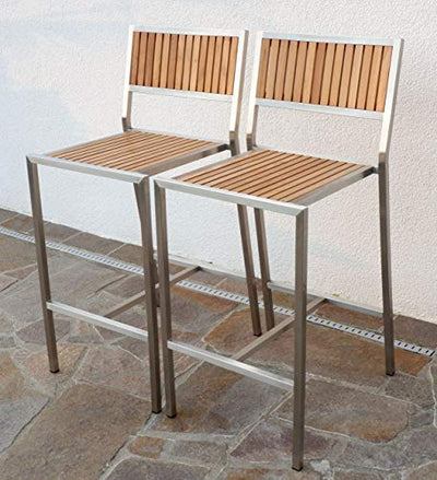 2 Stück Edelstahl Teak Barhocker Barsessel Bistrosessel Bistrohoker Massive Ausführung A-Grade Teakholz MEXIKO Gartenmöbel Modell: MEXIKO von AS-S