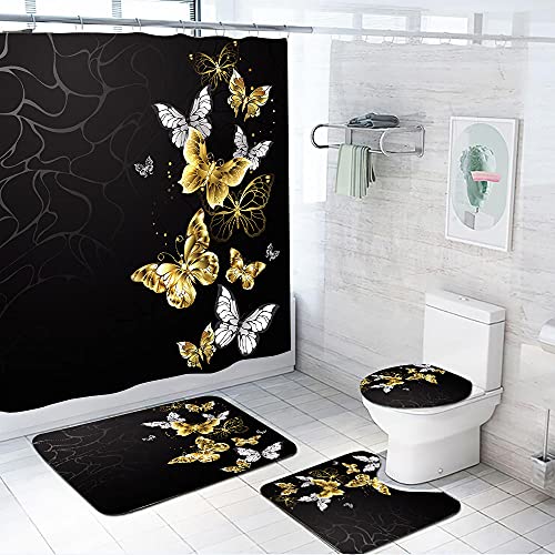 ZDDWLDL 3D Gedruckter Duschvorhang Set Mit Rutschfesten Teppichen Toilettendeckel Und Badematte Stoff Wasserdichtes Badezimmer Zubehör Badezimmerdekor,Schwarz-weißer Goldener Schmetterling,150x180 cm