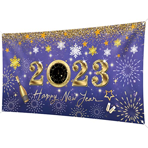 2023 Happy New Year Hintergrund Banner 200 x 110 cm Große Größe Happy New Year Banner Lila Hintergrund Banner Silvester Party Dekorationen Zubehör für Neujahr Party Dekorationen Feier