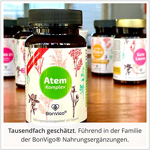 BonVigo® Atem Kapseln mit Lungenkraut - Bessere Rezeptur: Mikronährstoffe für Atemwege, Bronchien, Lunge, Immunsystem, Zellschutz* - 11-Pflanzen-Komplex mit Eukalyptusöl, Salbei, Isländisch Moos (1)