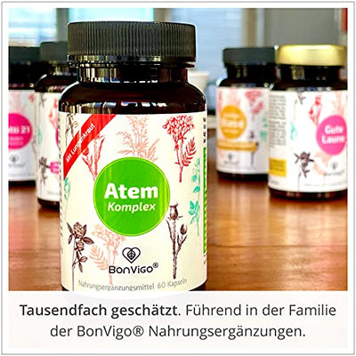 BonVigo® Atem Kapseln mit Lungenkraut - Bessere Rezeptur: Mikronährstoffe für Atemwege, Bronchien, Lunge, Immunsystem, Zellschutz* - 11-Pflanzen-Komplex mit Eukalyptusöl, Salbei, Isländisch Moos (1)