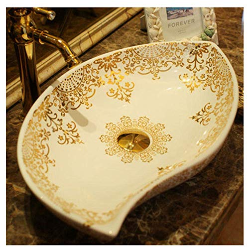 YIQIFEI Oval Jingdezhen Badezimmer Keramik Waschbecken Waschbecken Counter Top Waschbecken Waschbecken weiß mit Goldmuster Waschbecken