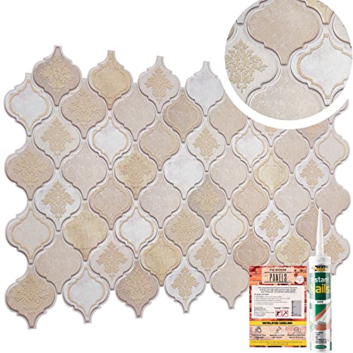 Orientalische Arabische Fliesen Design PVC Wandverkleidung Paneele mit Glitzer – Set mit 10 Paneelen – 4,64 qm | 49,94 qm – Kunststoff 3D Wandverkleidung Platten in Creme Gold