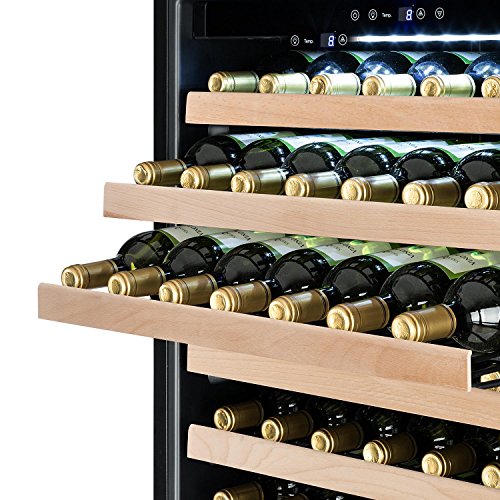 Klarstein Botella Cura - Weinkühlschrank, Getränkekühlschrank, 558 Liter, 224 Flaschen, 1 Kühlzone: 5-22 °C, 17 Holzeinschübe, LCD-Display, Touch-Bediensektion, freistehend, schwarz-silber