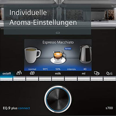 Siemens Kaffeevollautomat EQ.9 plus connect s700 TI9578X1DE, App-Steuerung, Barista-Modus, 6 Temperatureinstellungen, Premiummahlwerk, aromaIntense, automatische Dampfreinigung, 1500 W, edelstahl