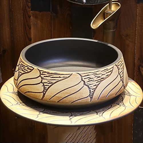 YRRA Waschtisch Stehend Badmöbel Keramik Mode Carving Rund Waschbecken Washbasin with Combination Tap and Drain für drinnen und draußen,G,with Mirror