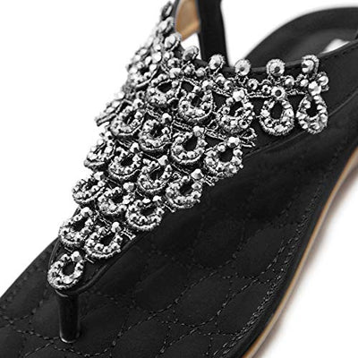 Flach Bohemian Zehentrenner Damen Sommer Sandalen mit Weiche Fußbett Strand Flip Flops Elegant Leder Sandaletten Frauen Outdoor Freizeit Beach Schuhe Schwarz 37 EU = Herstellergröße 38