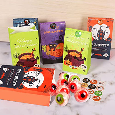 Halloween Süßigkeit Taschen Behandelt Taschen, AUERVO 20 Stück Kinder Halloween Candy Papiertüten für Süßes oder Saures mit 24 Stück Halloween Aufkleber, Partytüten Papier Geschenktüten Goodie Taschen