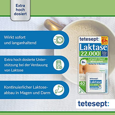 tetesept Laktase 22.000 – Laktasetabletten bei Laktoseunverträglichkeit – Nahrungsergänzungsmittel mit Sofortwirkung & 6h Langzeit-Depot – 1 Dose à 40 Stück