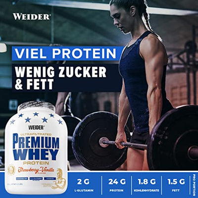 Weider Premium Whey Protein Pulver, hochwertiges Eiweißpulver mit Whey Isolat zum Muskelaufbau mit hohem Anteil an EAA, BCAA und freiem L-Glutamin, perfekte Löslichkeit – Erdbeer-Vanille, 2,3kg