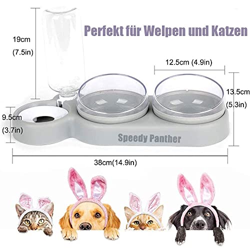 Katzennapf-Set 15° Neigbar Doppelter Futternapf für Nass- Trockenfutter, mit Automatischer Wasserflasche, für Kleine und Mittelgroße Hunde und Katzen