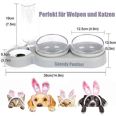 Katzennapf-Set 15° Neigbar Doppelter Futternapf für Nass- Trockenfutter, mit Automatischer Wasserflasche, für Kleine und Mittelgroße Hunde und Katzen