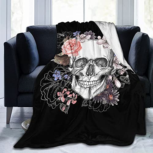 Totenkopf Decke Fleecedecke Blume und Skelett Geschenk Damen Männer Mädchen Jungen Vier Jahreszeiten Super Weich und bequem Plüschdecke Sofa Schlafsofa Büro 130x150cm