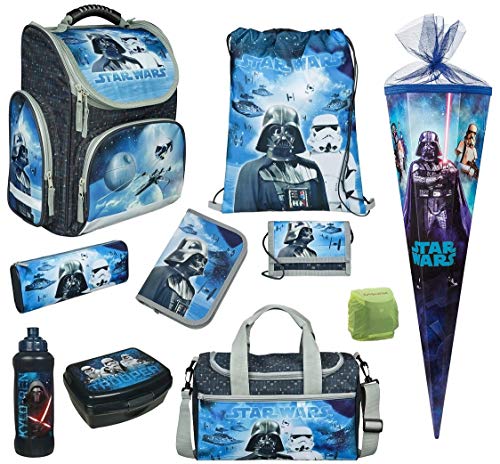 Familando Star Wars Classic Schulranzen-Set 10 TLG. Modell CLOU Ranzen 1. Klasse | Schultasche mit Sporttasche und Schultüte 85cm | Blau | Regenschutz