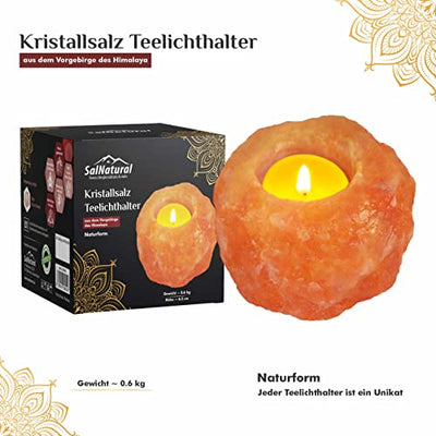 SalNatural 1er Pack Salzkristall Teelichthalter Rosa in Naturform Ø 8 cm Höhe 7 cm, handgearbeitetem Salzstein ( bekannt als Himalaysalz aus der Salt Range Punjab Pakistan) Premium Geschenkbox