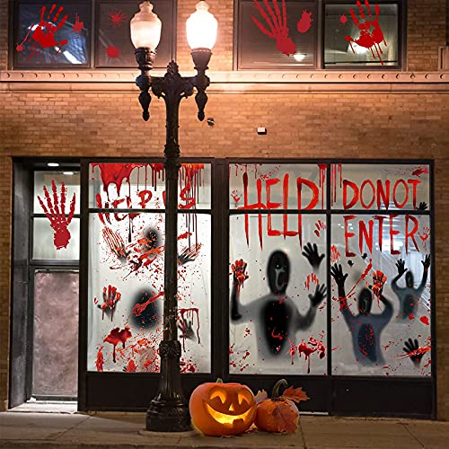 Moxled Halloween Deko Horror, Blutige Fenster Handabdruck Fußabdruck, 2 Sets Halloween Fenster Tür Aufkleber & 8 Sets Blutige Mauer Boden Aufkleber 88pcs Blutige Aufkleber für Halloween Party